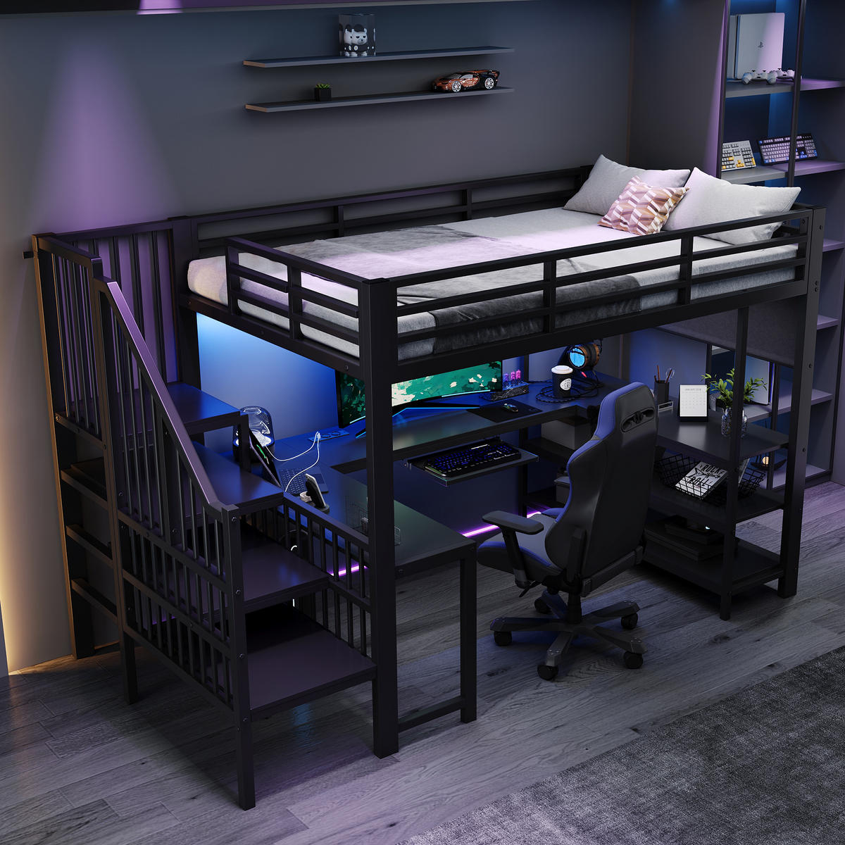 HOCHBETT 120/200 cm mit Schreibtisch und LED, DE-41757, in Schwarz - Schwarz, Metall (120/200cm) - ComfortXL