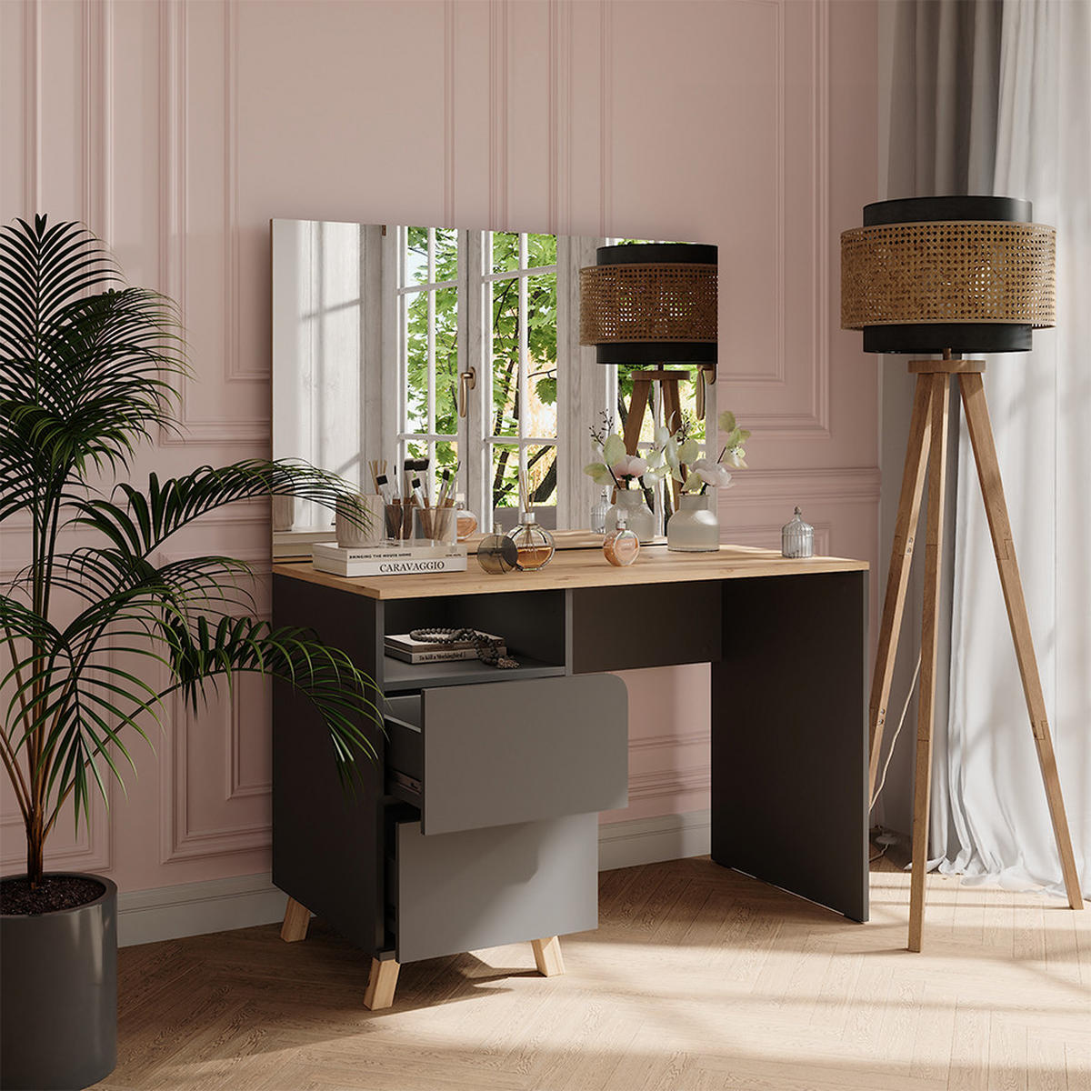 SCHMINKTISCH Karen Anthrazit/Artisan 110 cm mit Spiegel - Anthrazit/Eiche Artisan, Holzwerkstoff (110/75/55cm) - Vicco