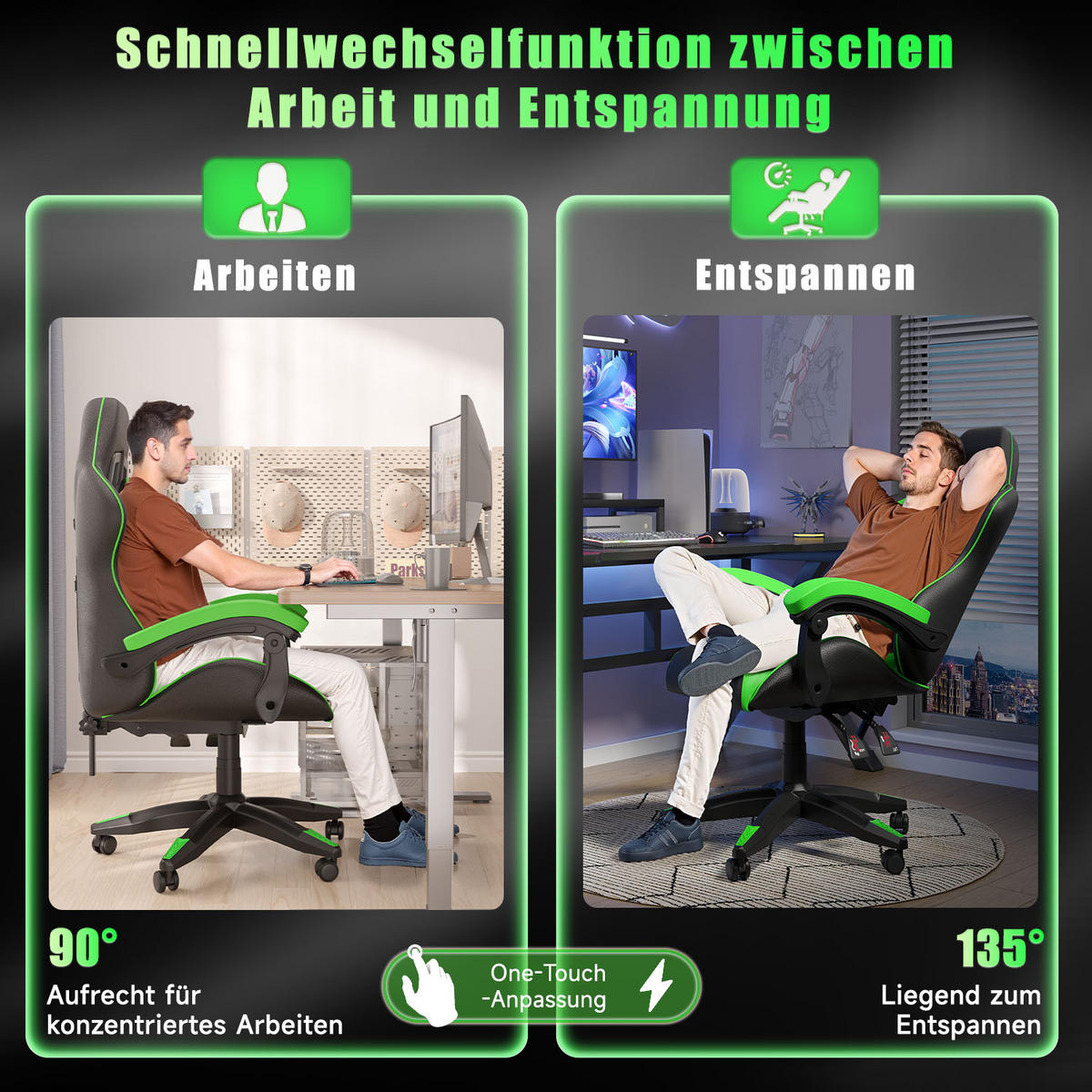 GAMINGSTUHL Schwarz-Grün ergonomisch - Grün, Leder (29/59/79cm) - Rattrix