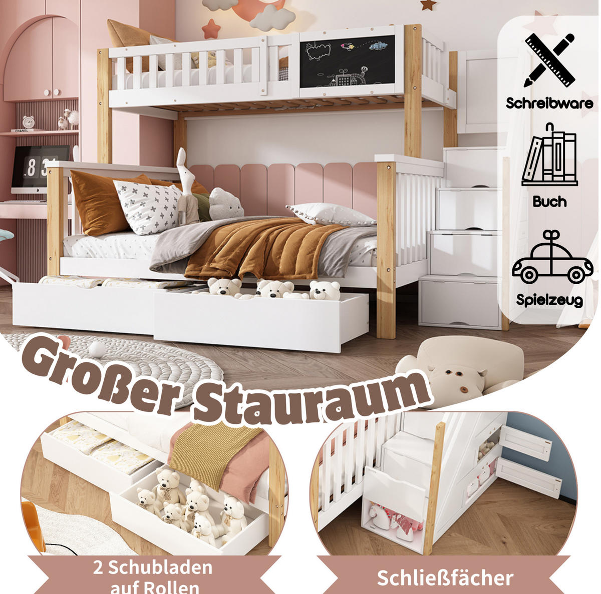 ETAGENBETT aus Massivholz und MDF 90x200/140x200 cm Weiß/helle Eiche mit Stauraumtreppe, Schubladen und Tafel - Weiß, Holz (90/200cm) - IVMEU