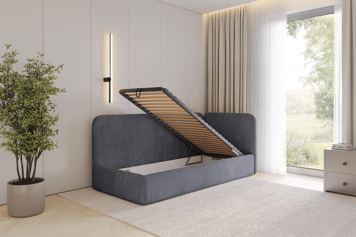 EINZELLBETT Jugendbett mit Bettkasten und Matratze H3/H4, Links - ELSY 100x200 Dunkelgrau - Dunkelgrau, Holzwerkstoff/Textil (100/200cm) - ALTDECOR