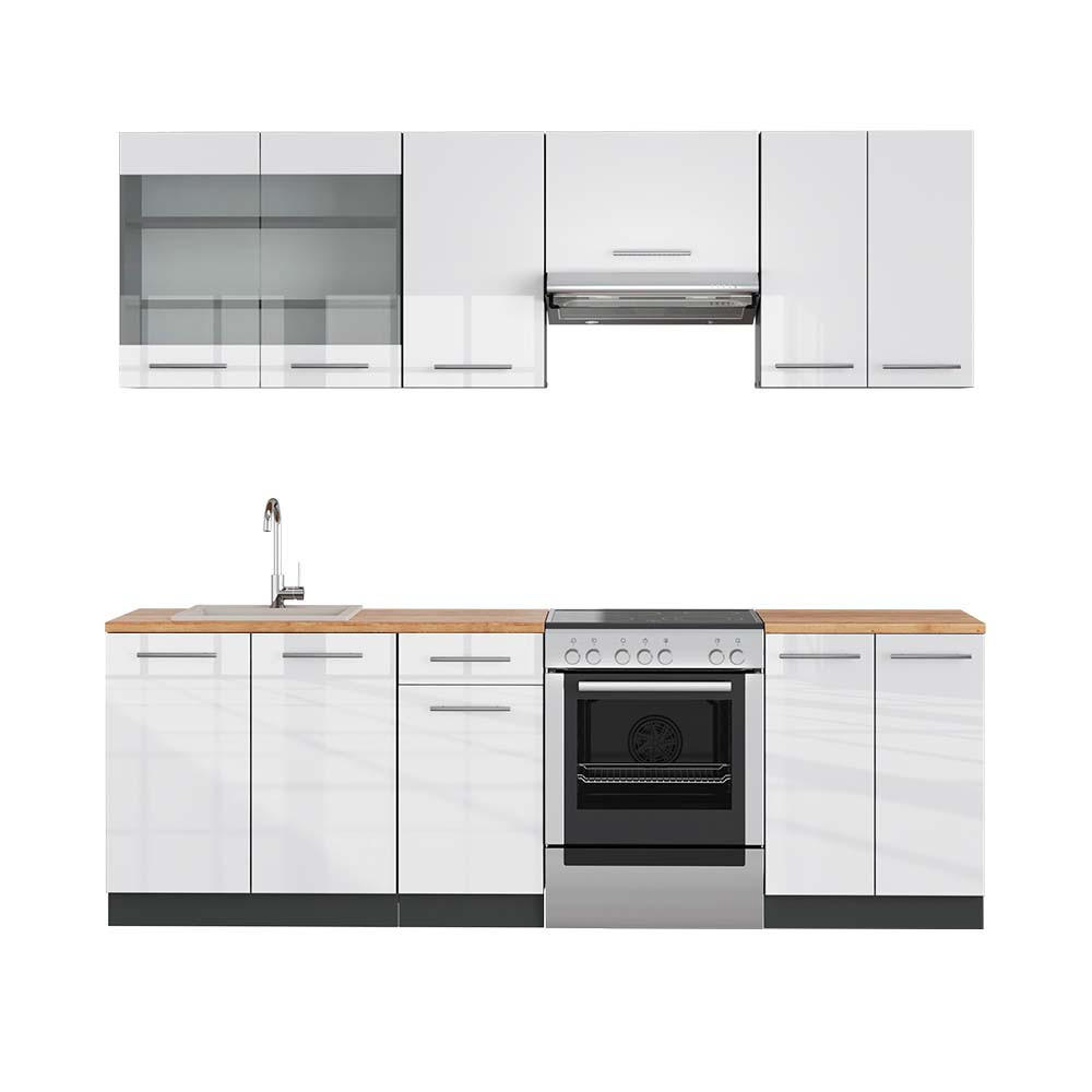KÜCHENZEILE Fame-Line Weiß Hochglanz/Anthrazit 240 cm, AP Eiche - Weiß Hochglanz/Anthrazit, Holzwerkstoff (240/81.6/60cm) - Vicco
