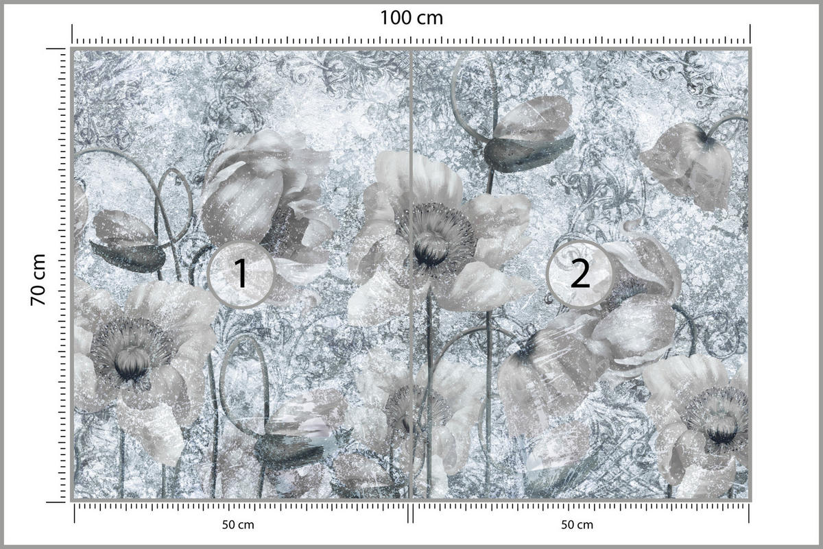 FOTOTAPETE für Wohnzimmer Grau Mohnblumen Beton Blumen Blätter 100x70 - Grau, Papier (100/70cm) - Muralo