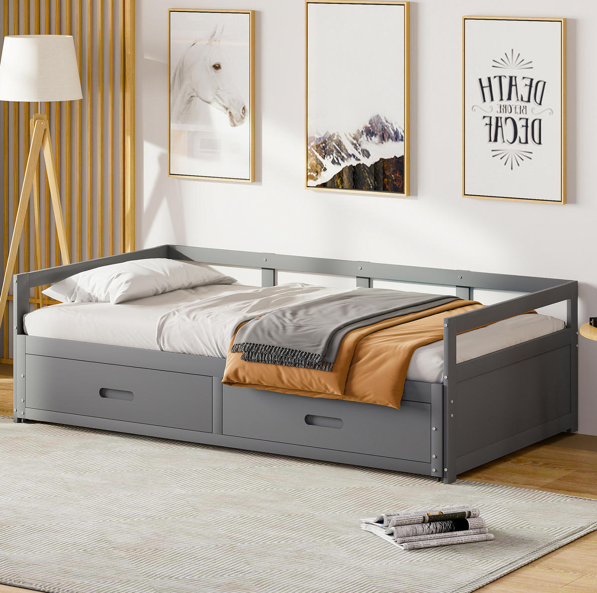 SCHLAFSOFA 90/200 cm aus Kiefern mit Ausziehfunktion und 2 Schubladen, Grau - Grau, Holzwerkstoff (204.5/60/184cm) - Redom