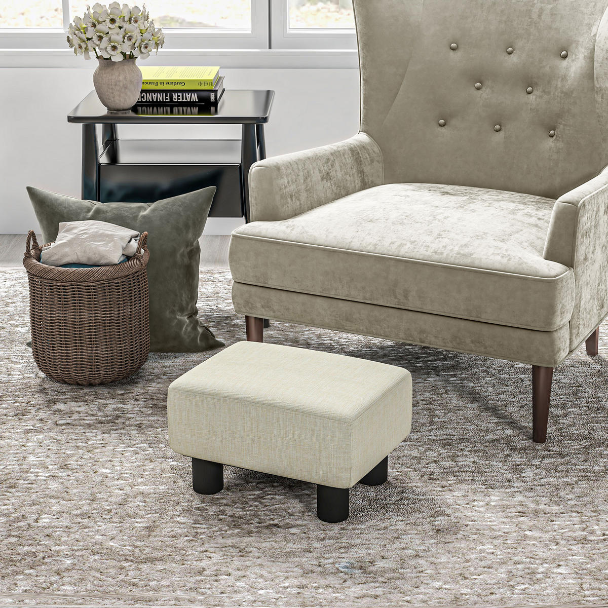 POUF DE-16425 gepolstert mit Leinenbezug Beige - Beige, Textil (30/24/40cm) - ComfortXL