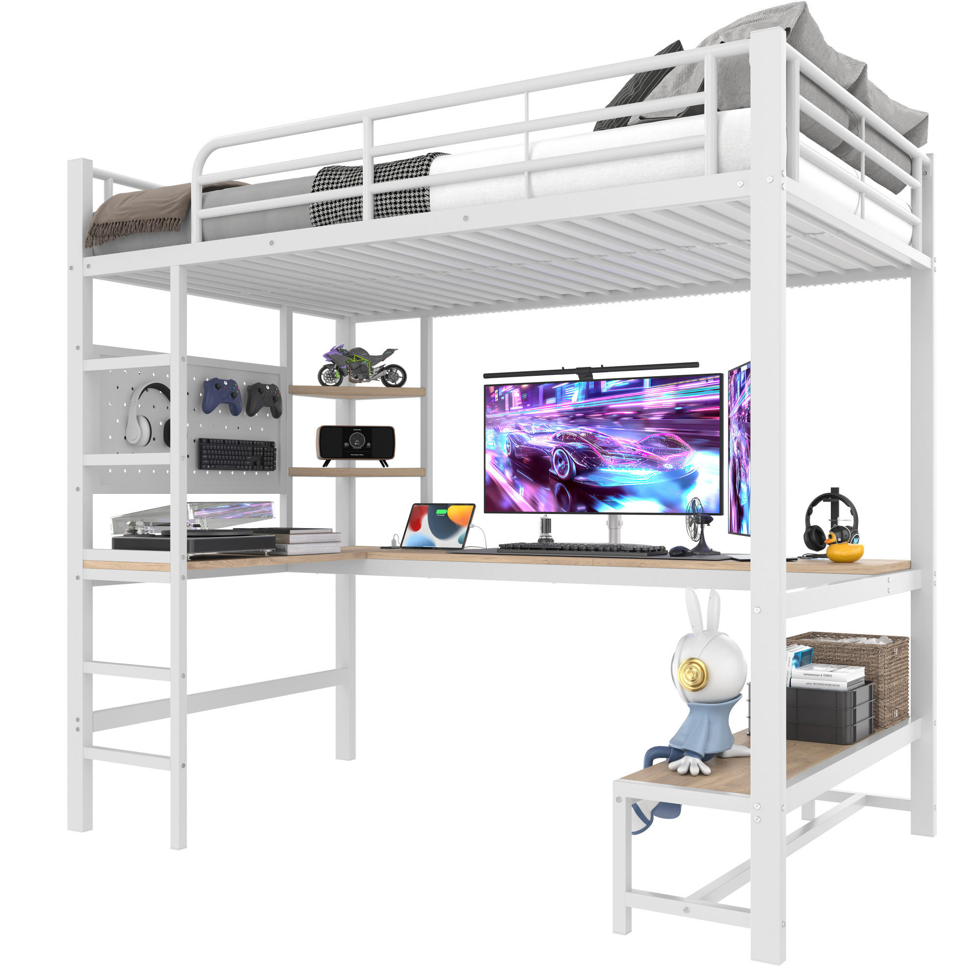 HOCHBETT 90/200 cm, Weiß mit Schreibtisch, LED und USB-C - Weiß, Metall (90/200cm) - MIVRAY
