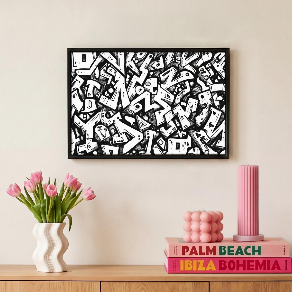 LEINWAND Bilder mit Rahmen - Formen - Buchstaben - Graffiti - Schwarz - 30x20 - Schwarz, Textil (30/20cm) - MuchoWow