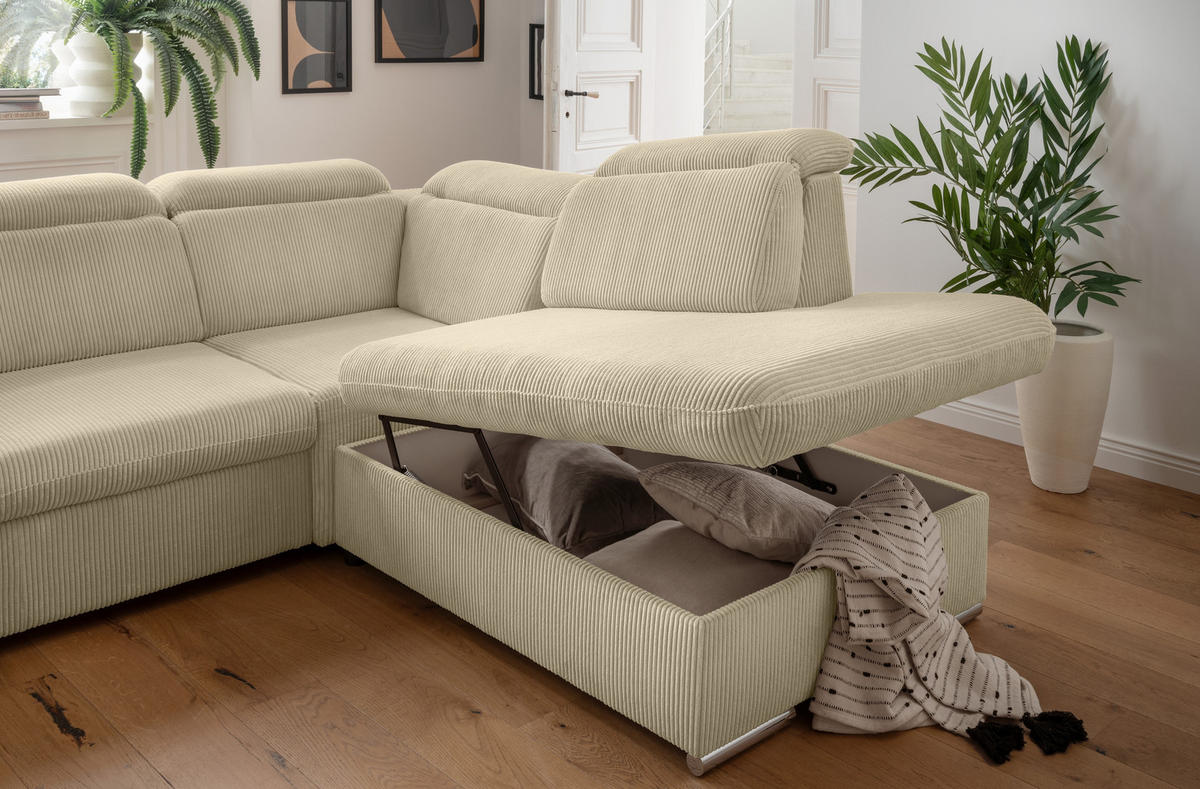 ECKSOFA mit Schlaffunktion, Bettkasten, Kopfstützen verstellbar, Wellenunterfederung, Ottomane rechts B283/T228/H102 cm, Cord Beige Grau / 17216 - Chromfarben/Greige, Textil/Metall (283/228cm) - luma-home