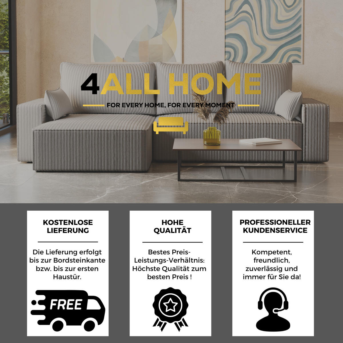 ECKSOFA Tobi mit Bettkasten und Schlaffunktion, L-Form/XL-Form, Cordstoff, Universal - Hellgrau, Holzwerkstoff (276/145cm) - 4ALL HOME