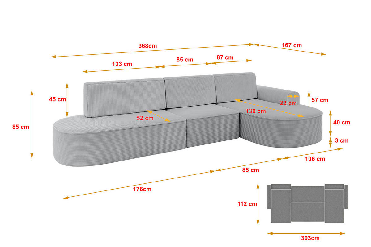 ECKSOFA mit Schlaffunktion Ottomane RECHTS MARI L2-S 368X167X85 Grau Cord - Alufarben/Schwarz, Holzwerkstoff/Kunststoff (167/368cm) - ALTDECOR