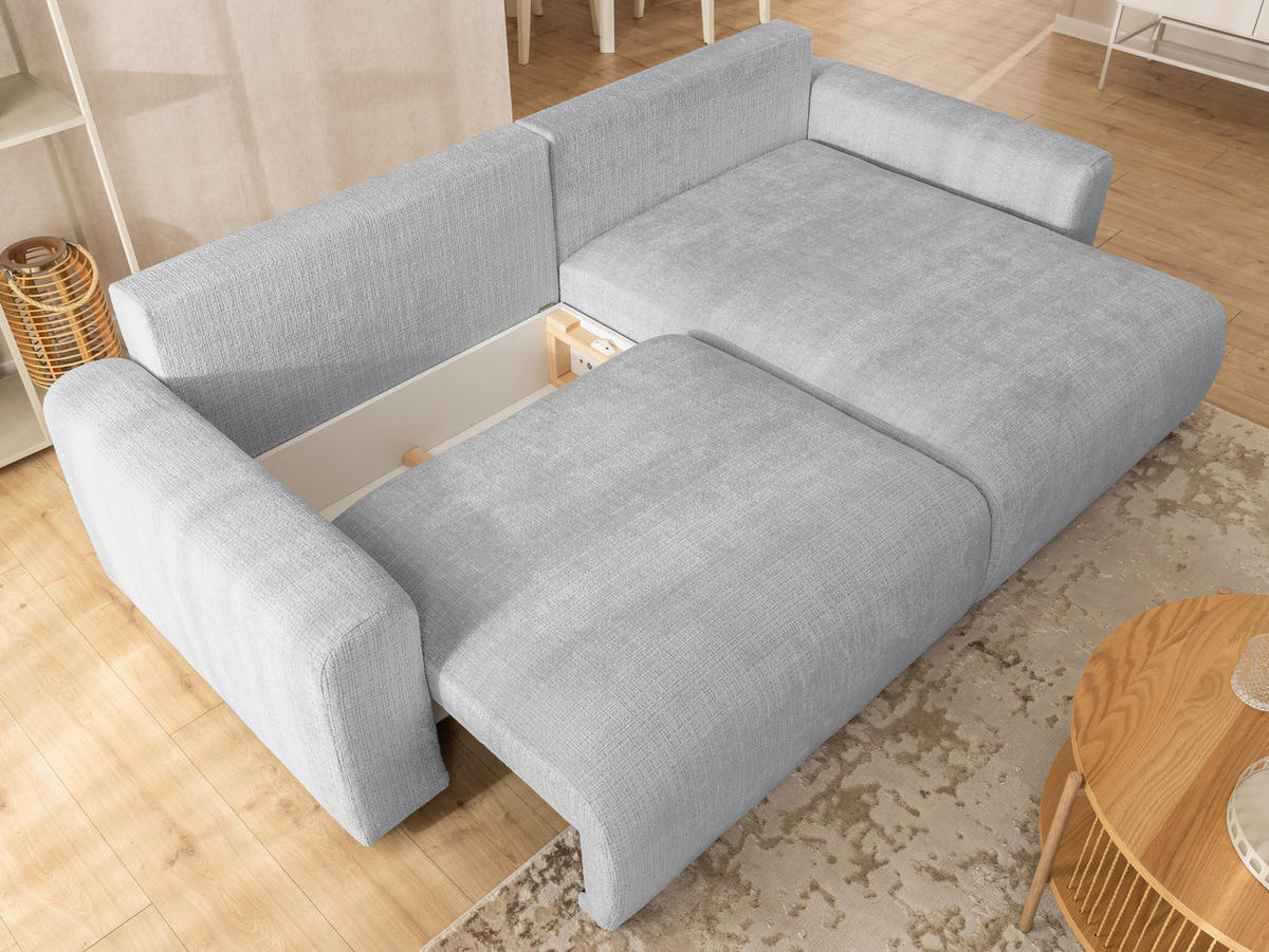 ECKSOFA Calma mit Schlaffunktion und Bettkasten im Bumpy-Design aus weichem Hellgrau Chenille-Stoff - Ottomane rechts - Beige/Hellgrau, Holz/Kunststoff (239/140cm) - S-Style Möbel