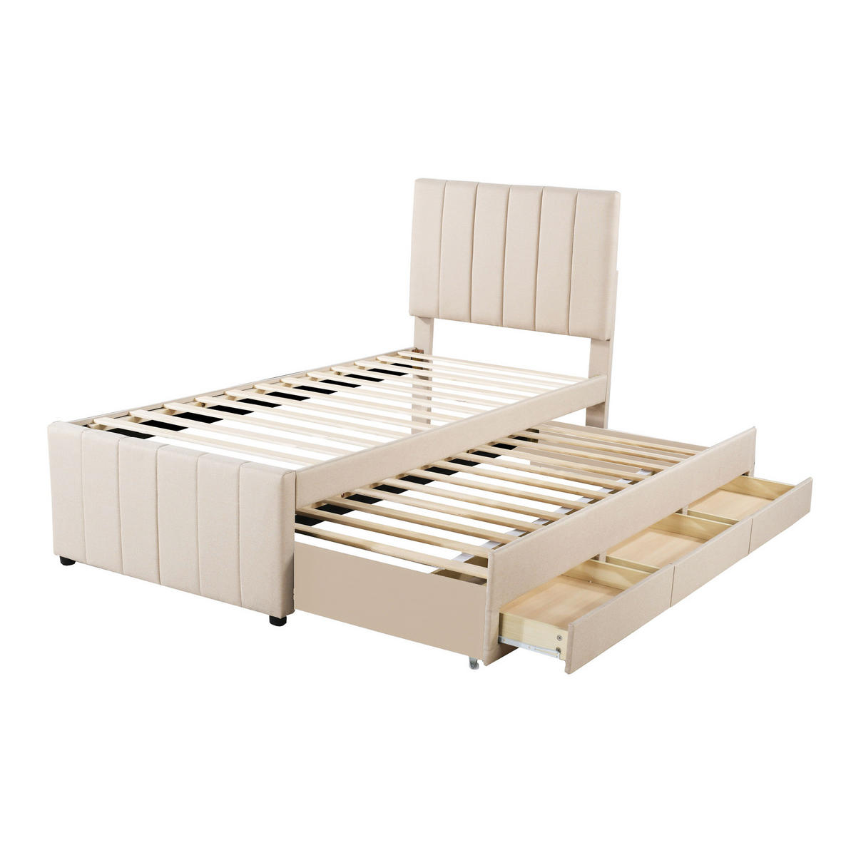 POLSTERBETT 90/200 cm aus Leinen-Mix mit Rollbett und 3 Schubladen Beige - Beige, Textil (90/200cm) - Modenvie
