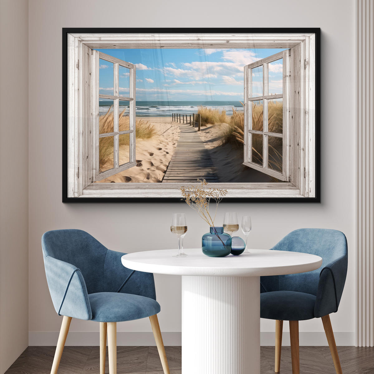 ZARÁMOVANÝ PLAGÁT Okno - more - pobrežie - príroda - výhľad - pláž - Waddenské more 120x80 cm - béžová, papier (120/80cm) - MuchoWow