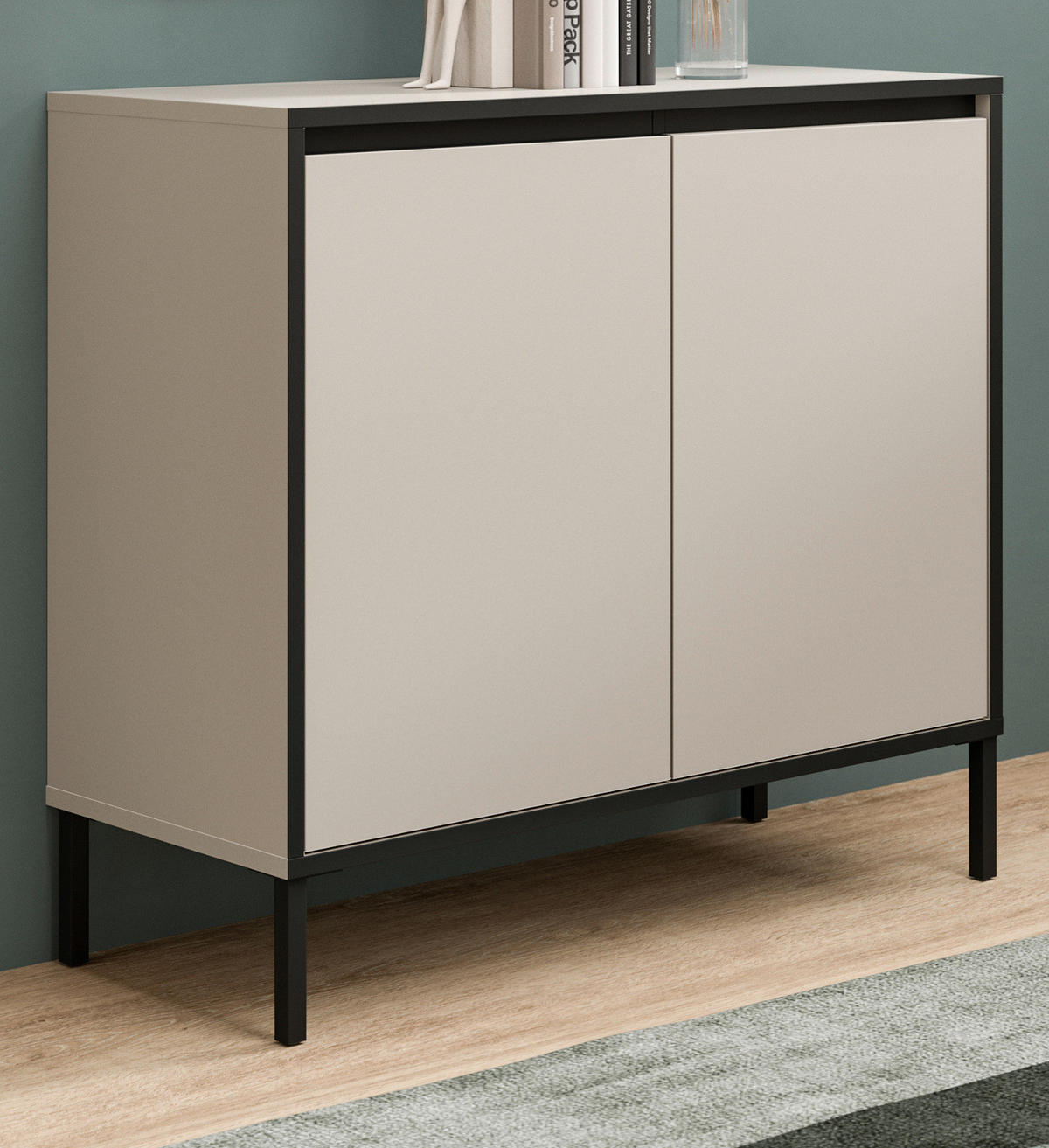 KOMMODE Sand / Kaschmit mit Schwarz, 2-türiges Sideboard mit 4 Fächern 92 x 83 cm - Sandfarben/Kaschmir, Holzwerkstoff/Metall (83/83/38cm) - Inn.Furn