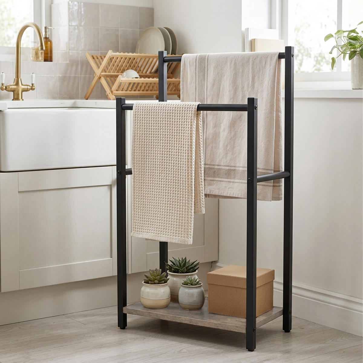 HANDTUCHSTÄNDER Schwarz-Grau Holzoptik mit Ablage 80 cm - Hellbraun/Schwarz, Holzwerkstoff/Metall (42/80/24cm) - Relaxdays