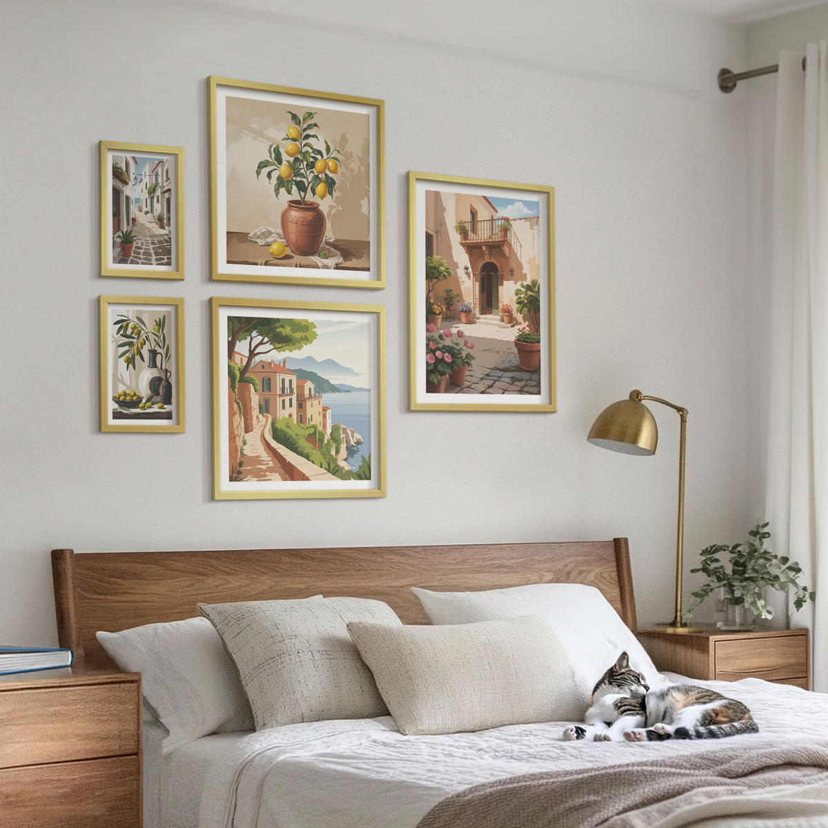 BILDER SET 5er Set - 50x50 cm & 20x30 cm & 40x60 cm Goldrahmen - Zitronenblumen im Topf, Straßen - Goldfarben, Kunststoff (40/60cm) - TULUP