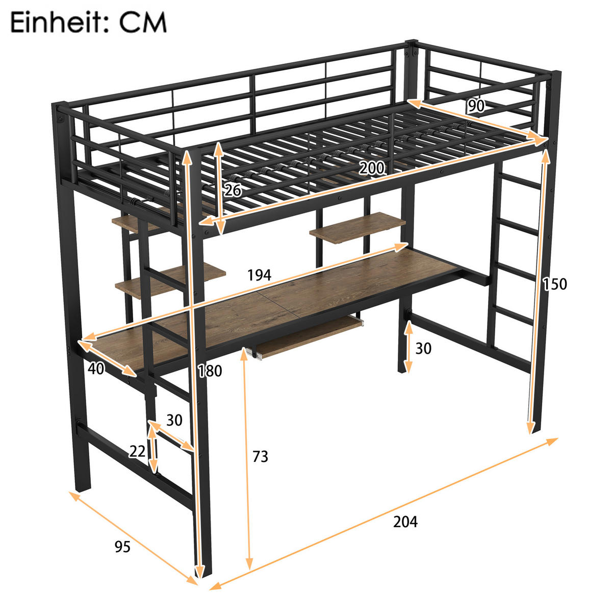 HOCHBETT 90/200 cm aus Metall mit Schreibtisch und 2 Regalen in Schwarz - Schwarz, Metall (90/200cm) - Flora Grace