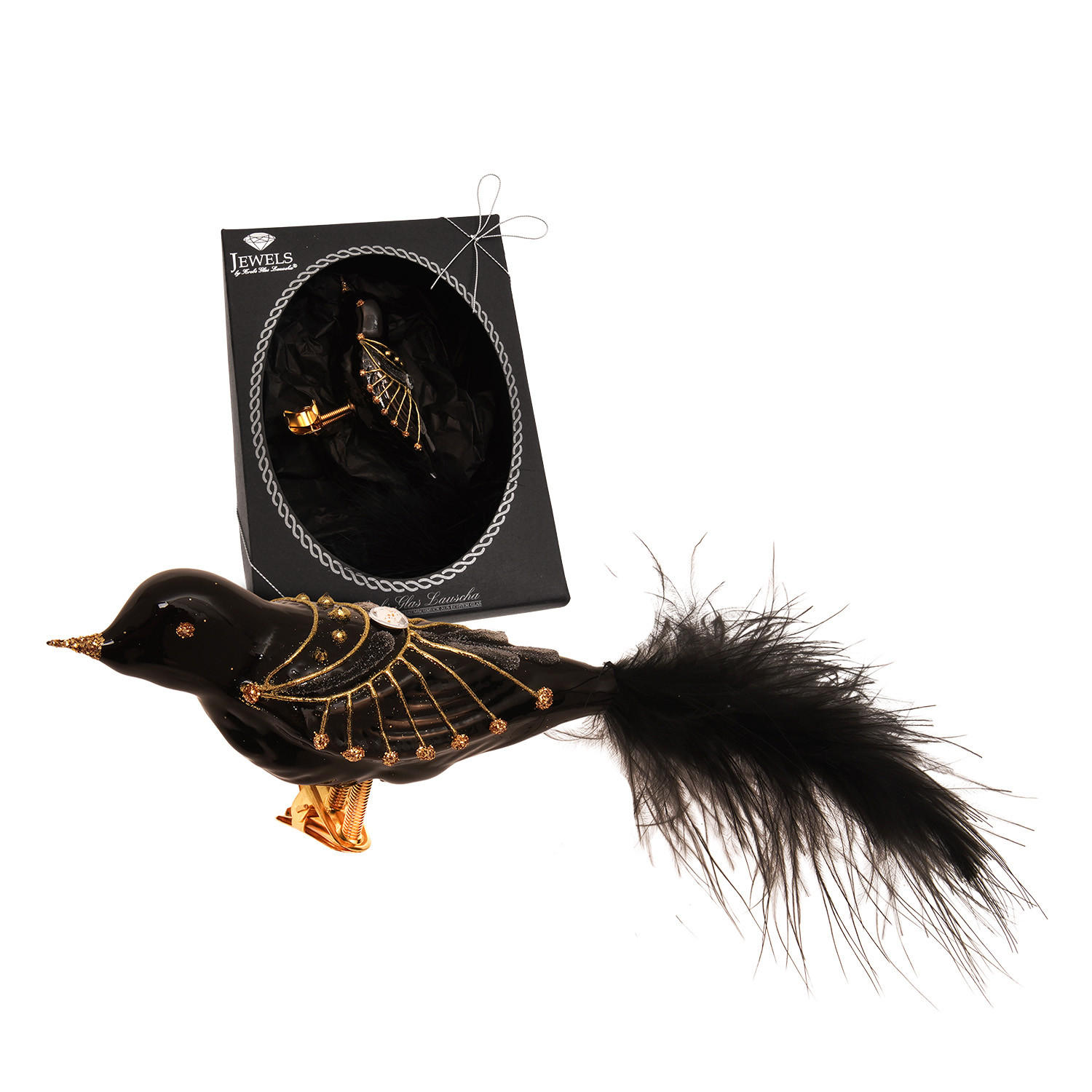 CHRISTBAUMSCHMUCK Vogel mit Strasssteinen Schwarz 10cm (Glas / 1 Stk.) - Schwarz, Glas (4/4/10cm) - Krebs Glas Lauscha