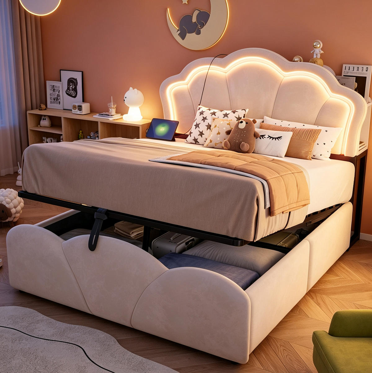 POLSTERBETT 140x200 cm in Beige mit LED-Beleuchtung, Steckdosen und hydraulischem Stauraum - Beige, Textil (140/200cm) - IVMEU
