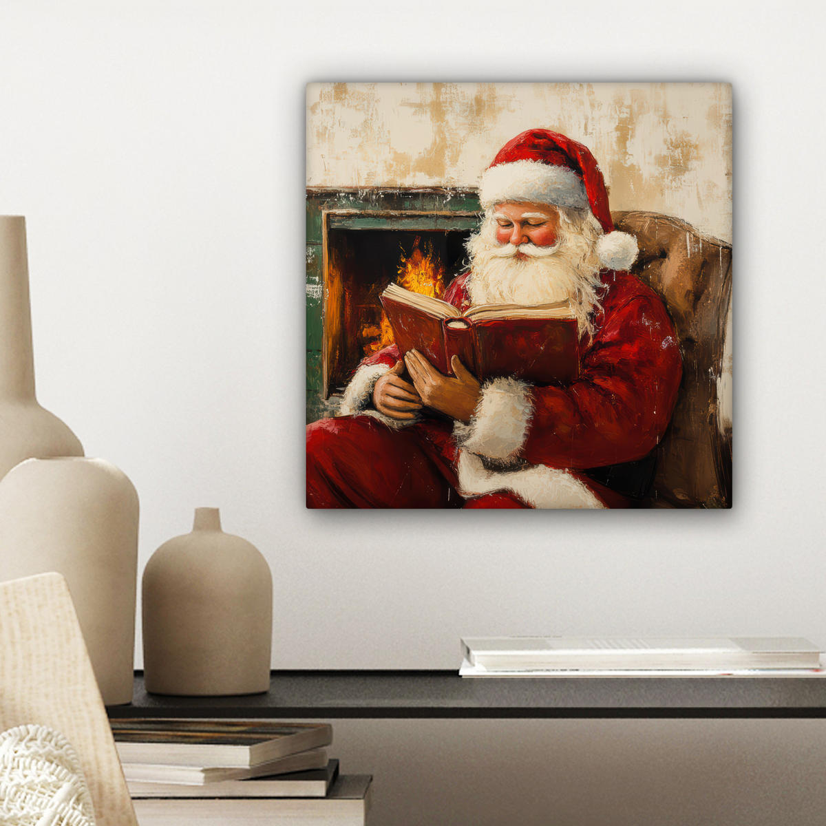 LEINWANDBILD Weihnachten - Weihnachtsmann - Winter - Open Fireside Deko Wohnzimmer 20x20 cm - Dunkelrot, Textil (20/20cm) - MuchoWow