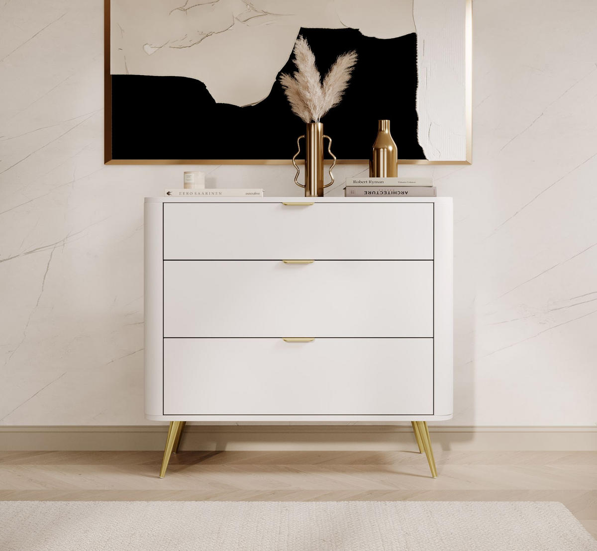 KOMMODE Oval Weiß 92 cm - Goldfarben/Weiß, Holzwerkstoff/Metall (92.4/83.6/38cm) - Selsey