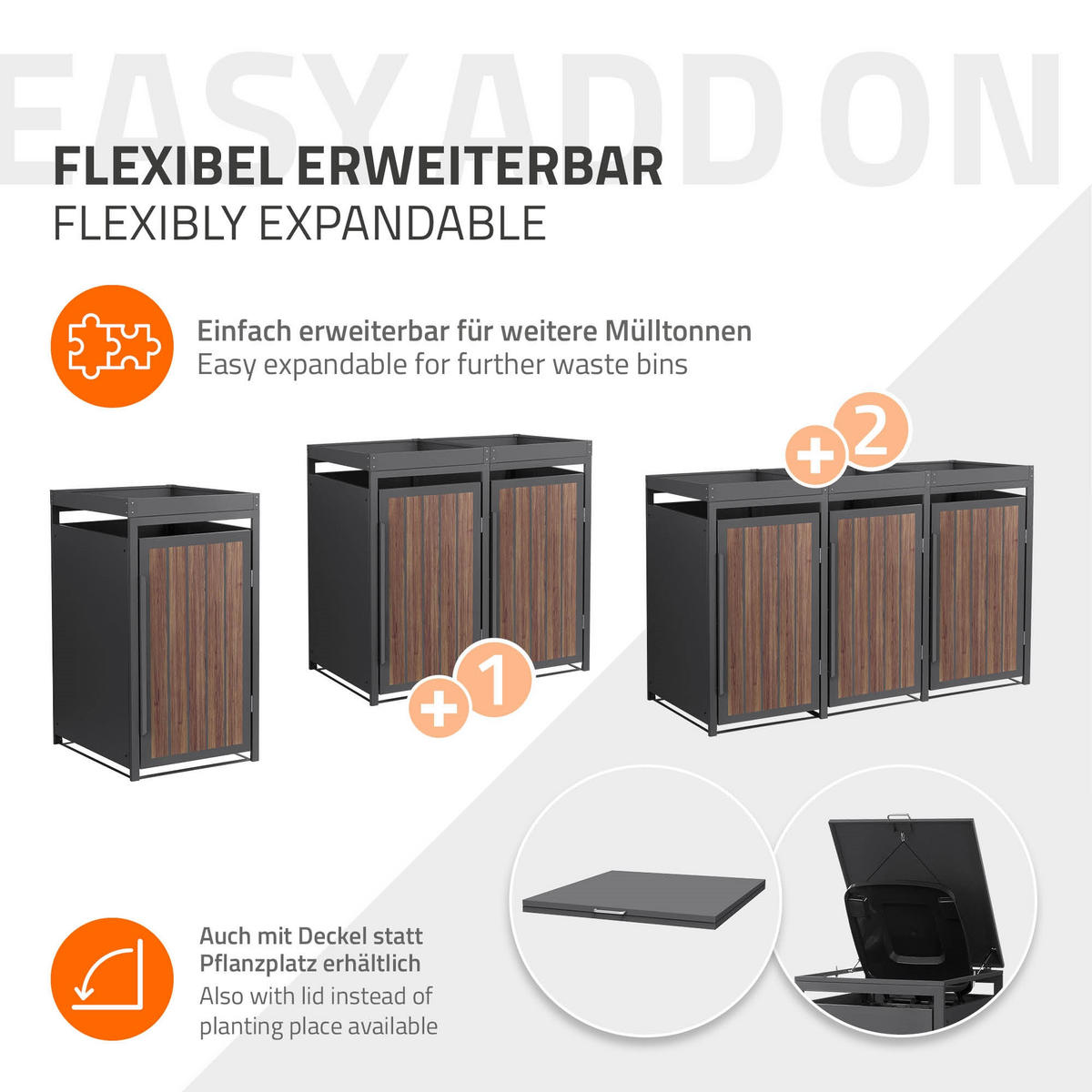 MÜLLTONNENBOX 1er mit Pflanzdach 240L Anthrazit-Holzoptik aus Stahl - Dunkelbraun, Metall (80/124/68cm) - ML-DESIGN