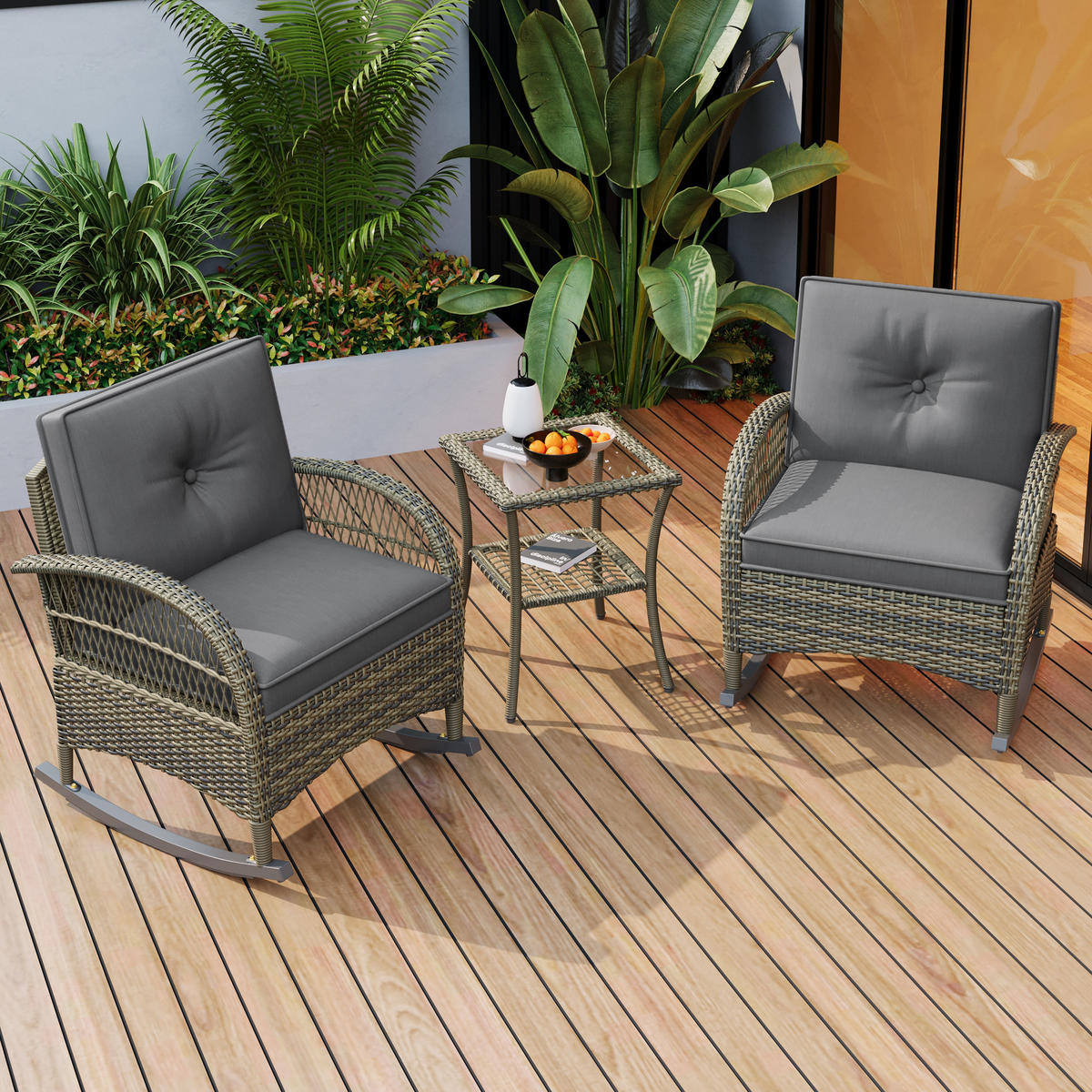 GARTENSETS aus Rattan Grau mit Schaukelstühlen & Glastisch - Grau, Metall - Modfu