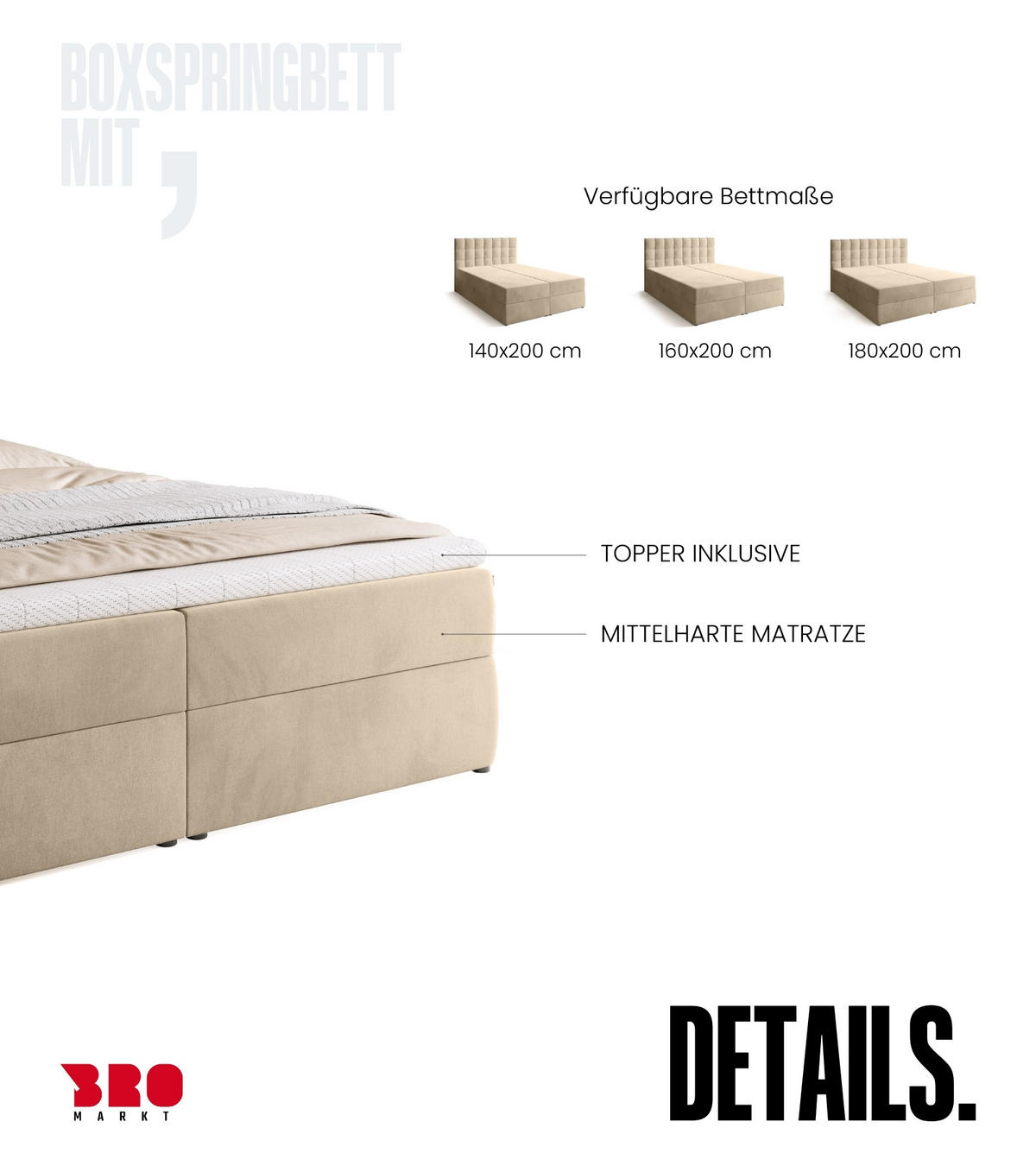 BOXBETT Detroit mit Topper 180/200 Beige - Beige, Holzwerkstoff/Textil (180/200cm) - Bromarkt