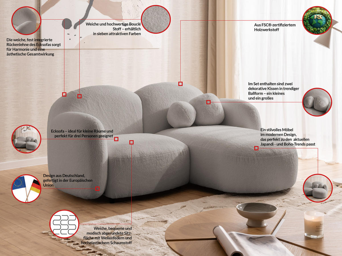 ECKSOFA Nuvola mit abgerundetem Design Hellgrau Bouclé-Stoff - Ottomane Rechts - Hellgrau/Schwarz, Holz/Kunststoff (190/146cm) - S-Style Möbel