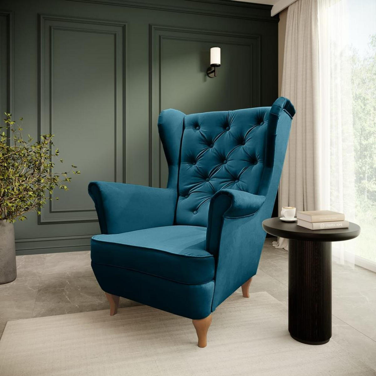 CHESTERFIELD-SESSEL Falco türkis mit Holzbeinen - Türkis/Buchefarben, Holz/Textil (82/102/92cm) - Beautysofa