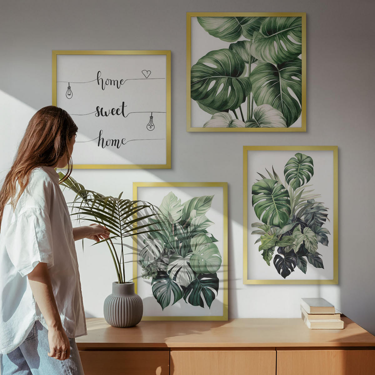 BILDER SET 4er Set - 50x50 cm & 40x60 cm Goldrahmen - Aquarell von grünen tropischen Blättern - Goldfarben, Kunststoff (50/50cm) - TULUP