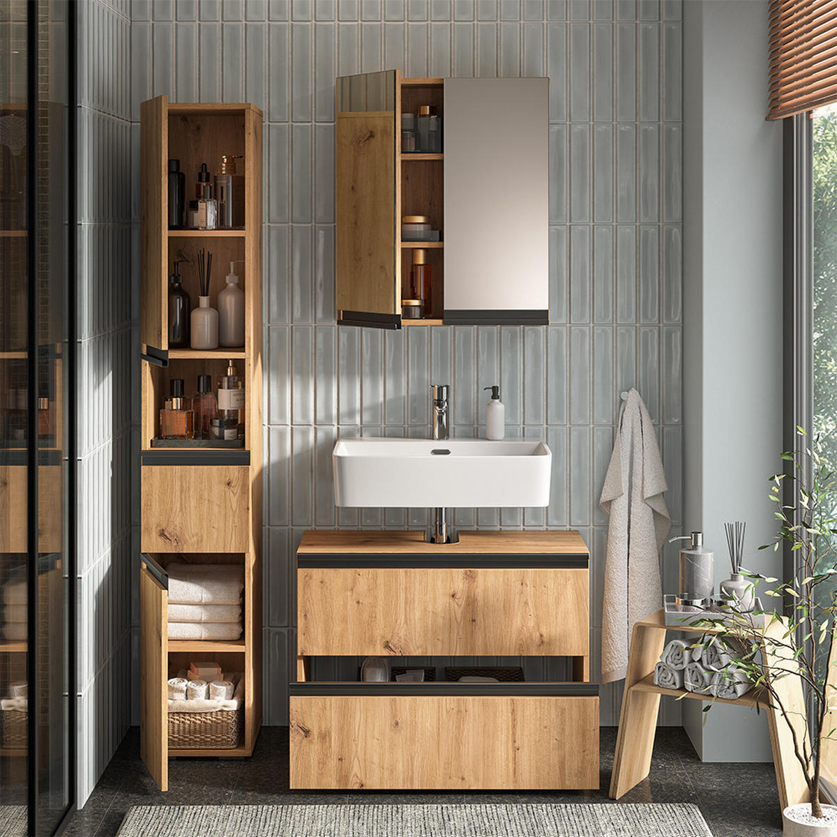 BADMÖBEL-SET Torren Artisan 3 Teile, mit Hochschrank - Hellgrau, Holzwerkstoff (80/58/35cm) - Vicco