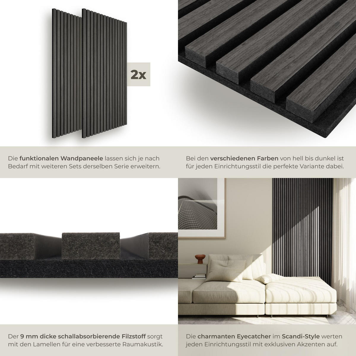 AKUSTIKPANEELE Sonic Wall, je 60 x 120 x 2,1 cm, Größe flexibel anpassbar, Eiche schwarz - Schwarz, Holz (60/2.1/120cm) - tectake