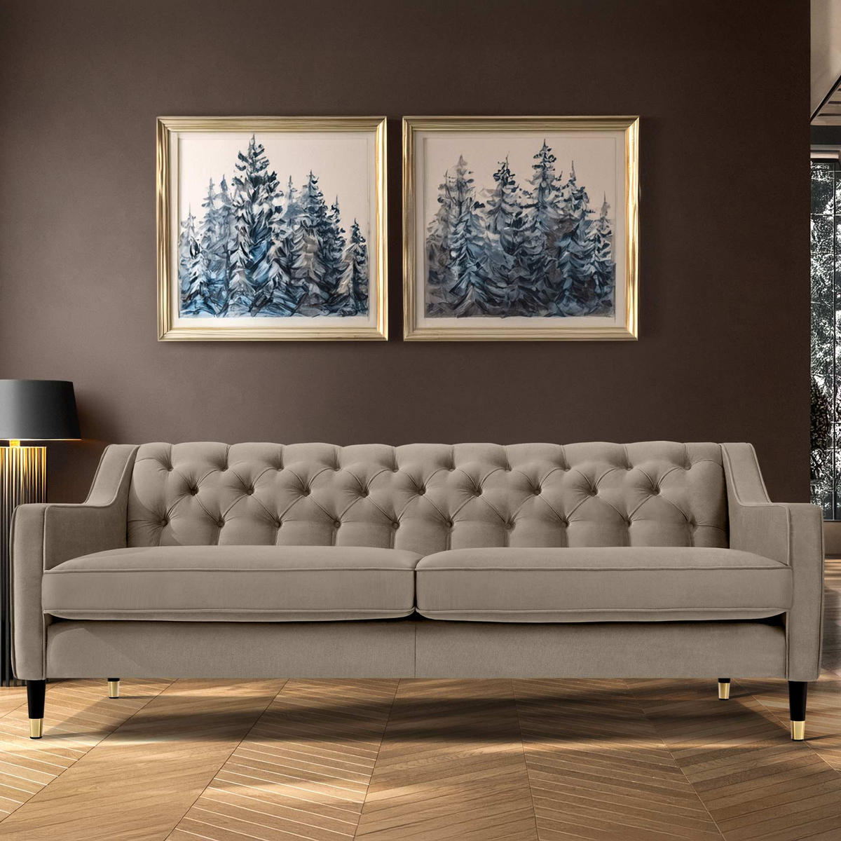 3-SITZER-SOFA NOMUS Velours, gesteppt, Beige - Wengefarben/Beige, Holz/Holzwerkstoff (192/78/80cm) - KONSIMO®