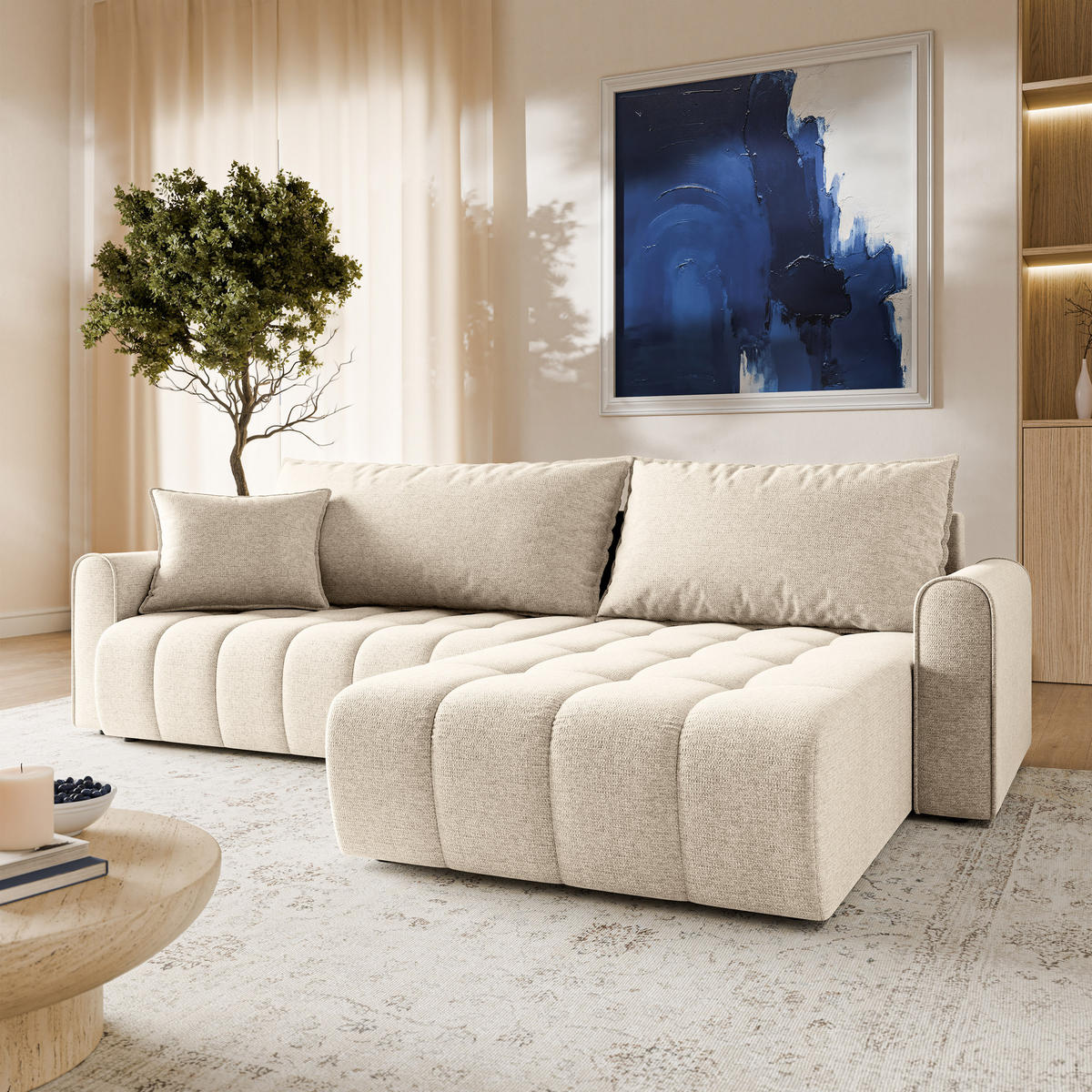 ECKSOFA FRIGA Creme Strukturstoff mit Schlaffunktion - Creme, Holz (283/185cm) - MASSENO