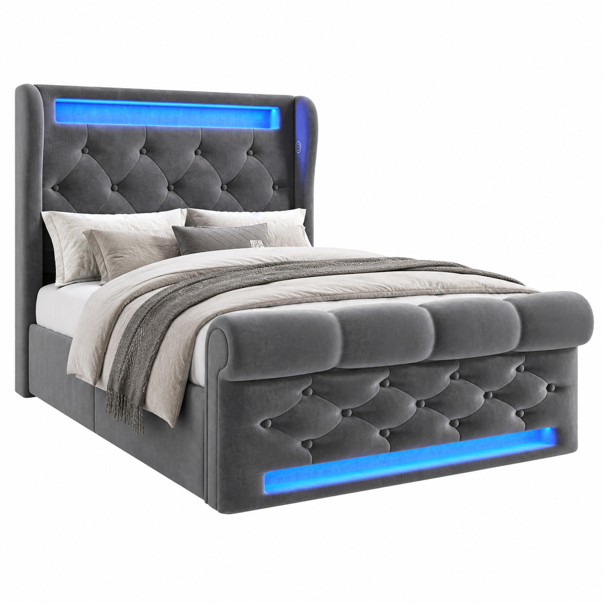 POLSTERBETT mit LED und Stauraum 90x200 cm Samt Grau inkl. Matratze - Grau, Metall (90/200cm) - Meubliv
