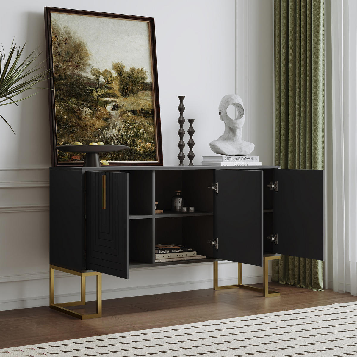 SIDEBOARD 138x40x80 cm, 3 Türen, verstellbare Böden, Schwarz - Schwarz, Holz (138/80/40cm)