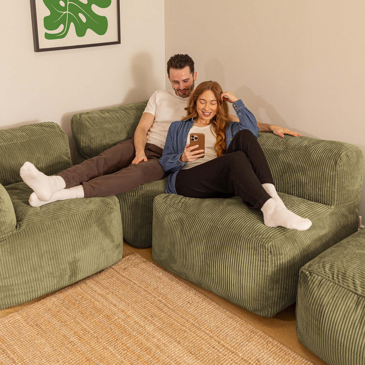 SITZSACK-SOFA 4-tlg. ZEN: 2 Ecksessel, Sessel, Fußstütze - Grün, Textil (390/68/100cm) - icon