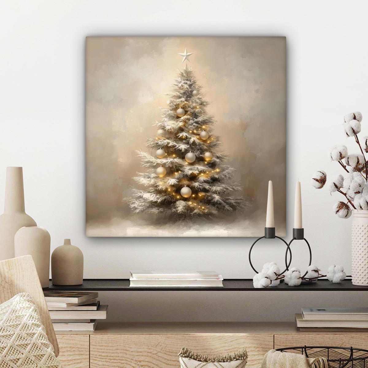 LEINWANDBILD Weihnachten - Weihnachtsbaum - Schnee - Kunst 50x50 cm - Champagner, Textil (50/50cm) - MuchoWow