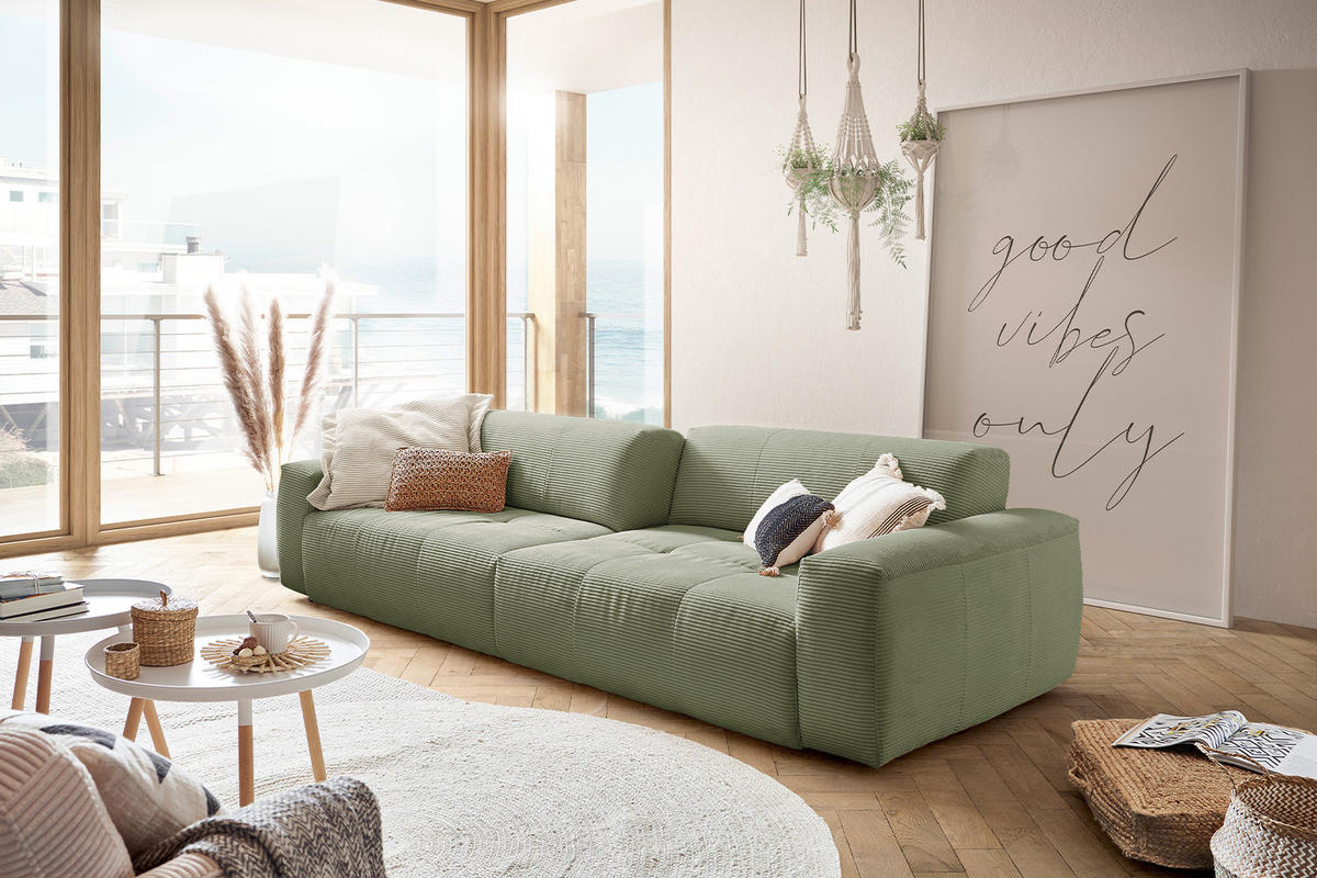SOFA MIT SITZTIEFENVERSTELLUNG PALACE Grün Cord - Schwarz/Grün, Kunststoff/Textil (298/74/120cm) - KAWOLA