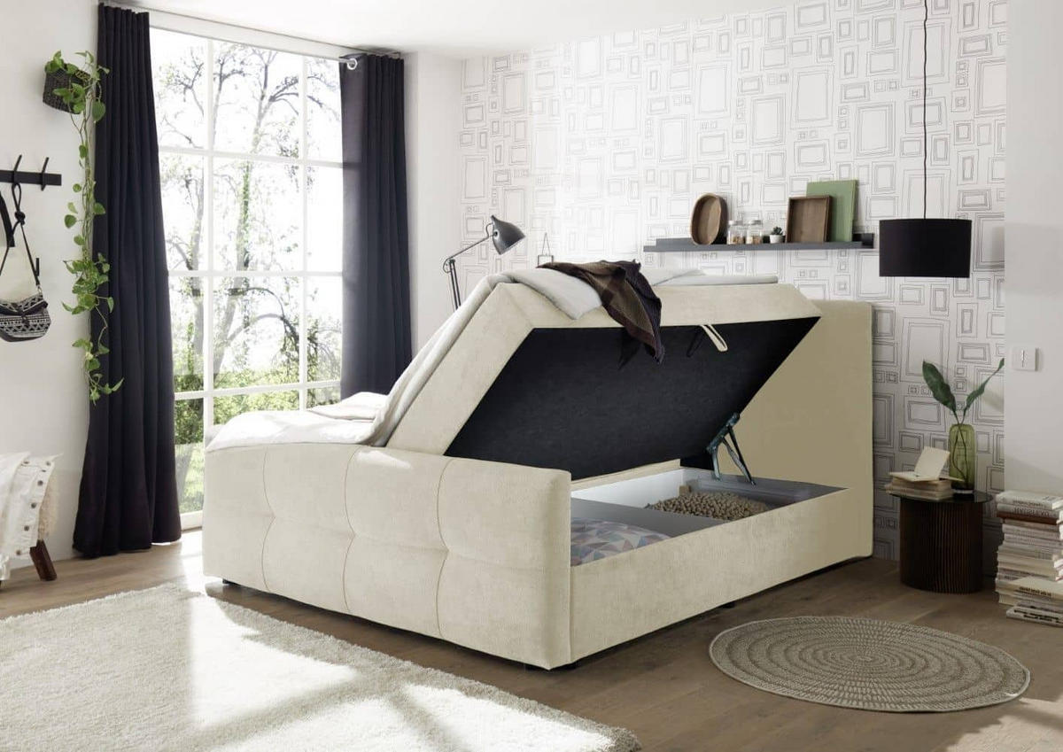 BOXBETT mit 9‑Zonen-Tonnentaschenfederkern-Matratze, HR-30-Topper, Bettkasten - Beige/Silberfarben, Holz/Kunststoff (160/200cm) - ed exciting design