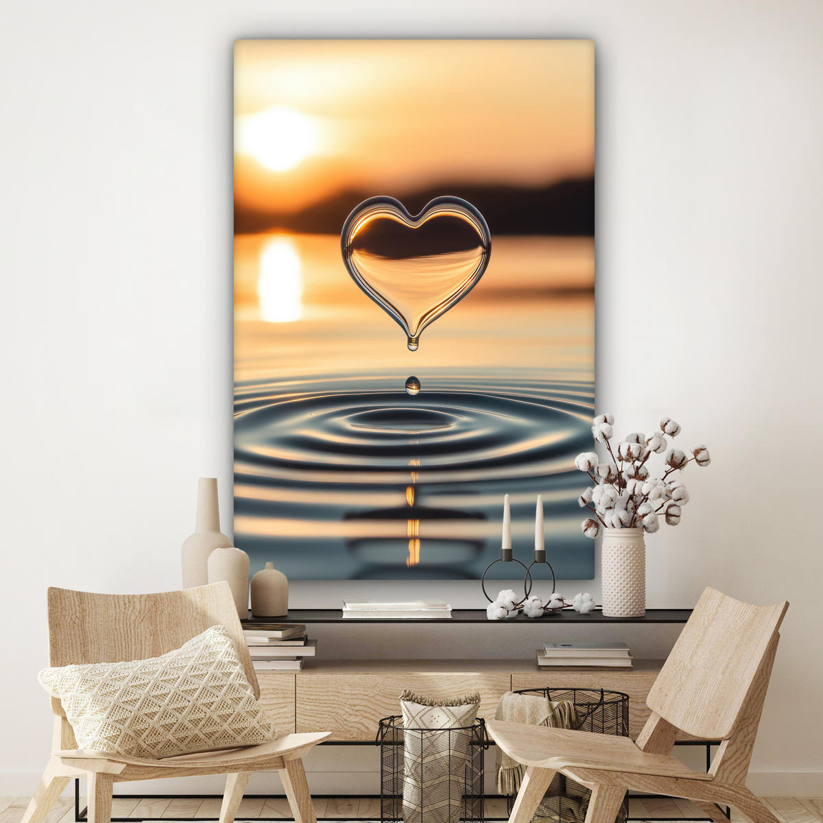 LEINWANDBILD Herz - Wasser - Sonnenuntergang - Natur - Zen Deko Groß 90x140 cm - Bernsteinfarben, Textil (90/140cm) - MuchoWow