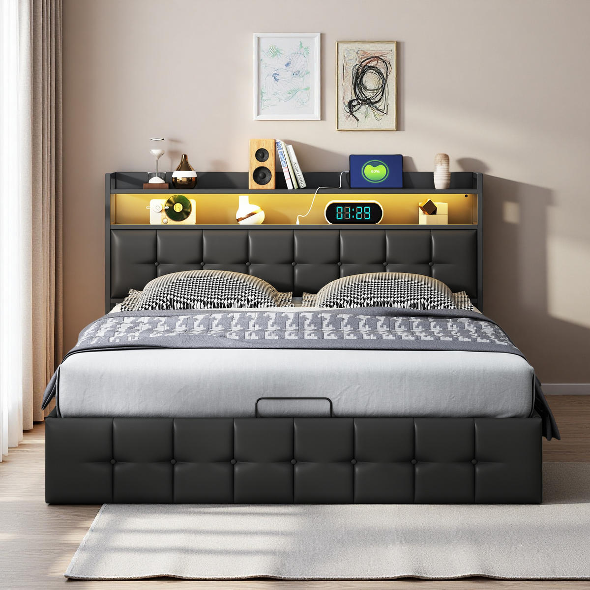 POLSTERBETT 140x200 cm LED Kopfteil Lattenrost PU Leder schwarz - Schwarz, Holz (140/200cm) - LEBENLANG