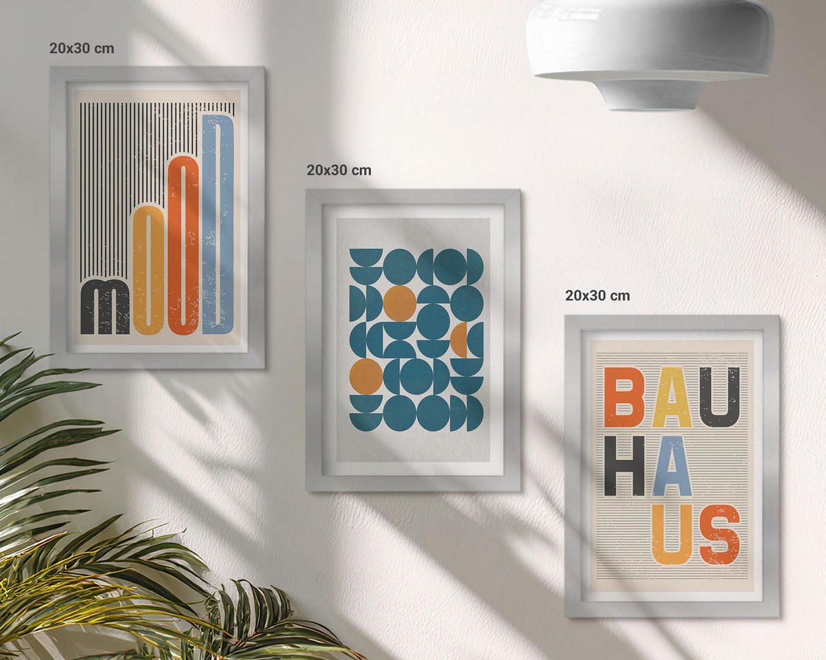 WANDBILDER 3er Set - 20x30 cm Silberner Rahmen - Geometrische Muster im Bauhaus-Stil - Silberfarben, Kunststoff (20/30cm) - ArtPrintCave