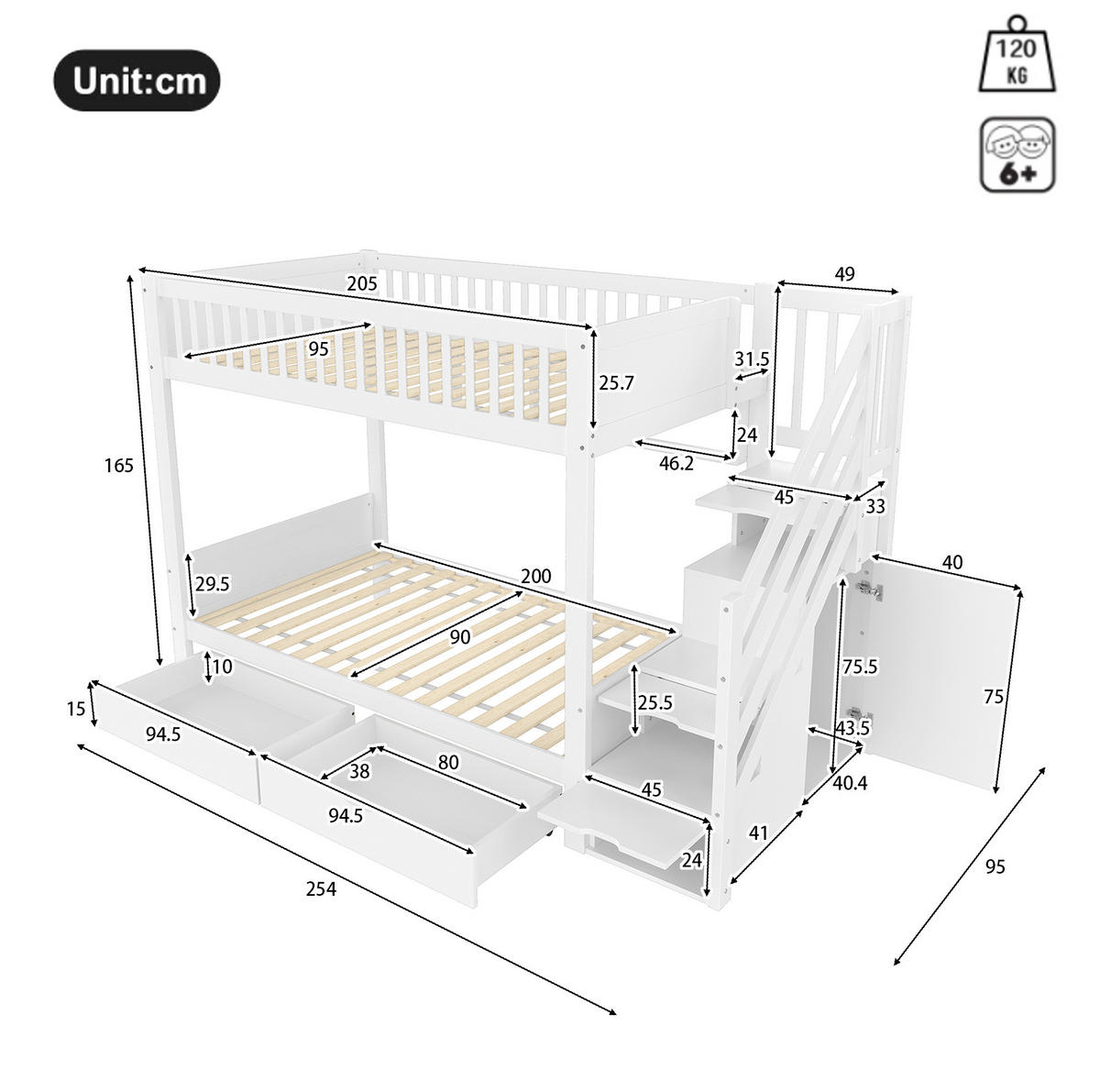 ETAGENBETT 90x200 cm in Weiß mit Stauraum, Kleiderschrank und Schubladen - Weiß, Holz (90/200cm) - OKMYHOME