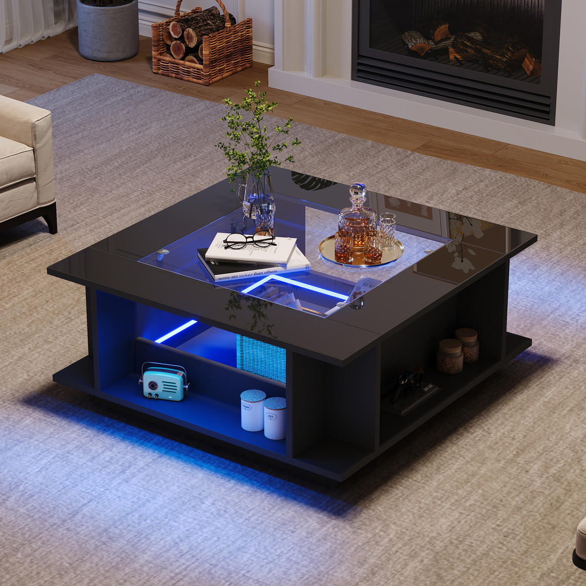 COUCHTISCH Quadratischer mit Glasplatte & LED, Hochglanz Schwarz, 70/70/30 cm modern - Schwarz, Glas/Holzwerkstoff (70/70/30cm) - EVRYAE