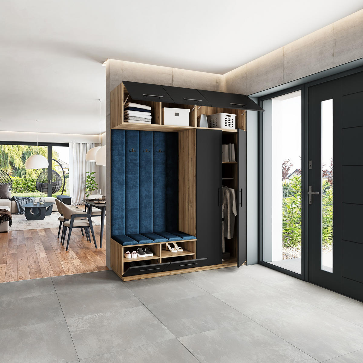 GARDEROBENSCHRANK REMA 180/240/60 cm Modern Garderobe-Set Eiche Wotan - Blau/Eiche Wotan, Holzwerkstoff (180/240/60cm) - MASSENO