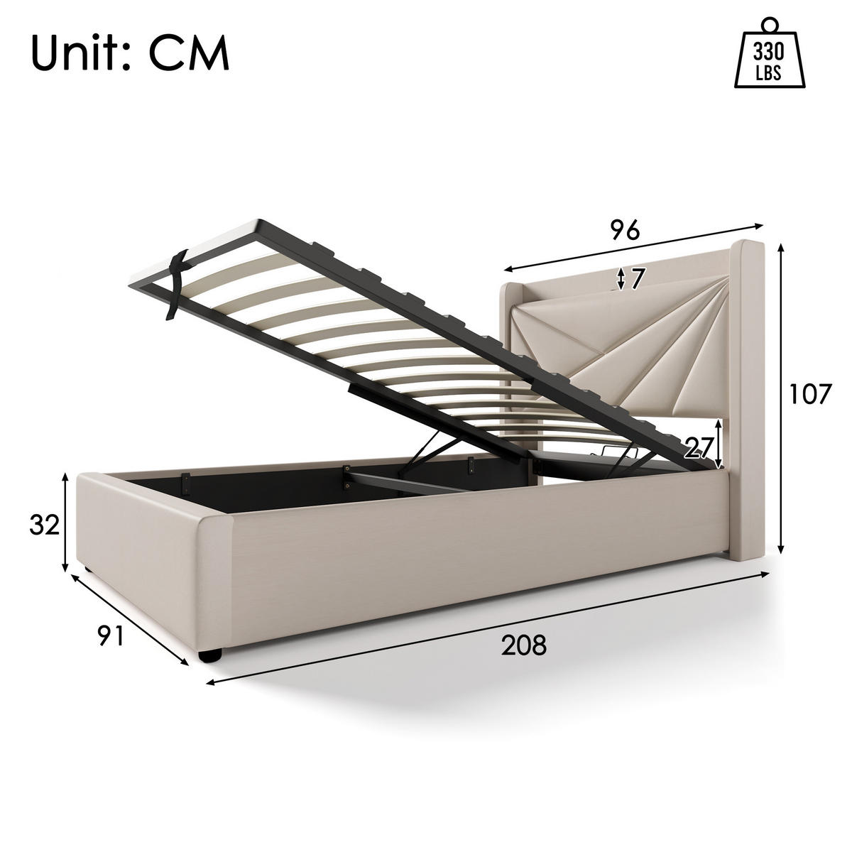 POLSTERBETT 90/200 cm Beige aus Baumwolle, Leinen und Metall mit Bettkasten und Ladefunktion - Beige, Textil (90/200cm) - OKMYHOME