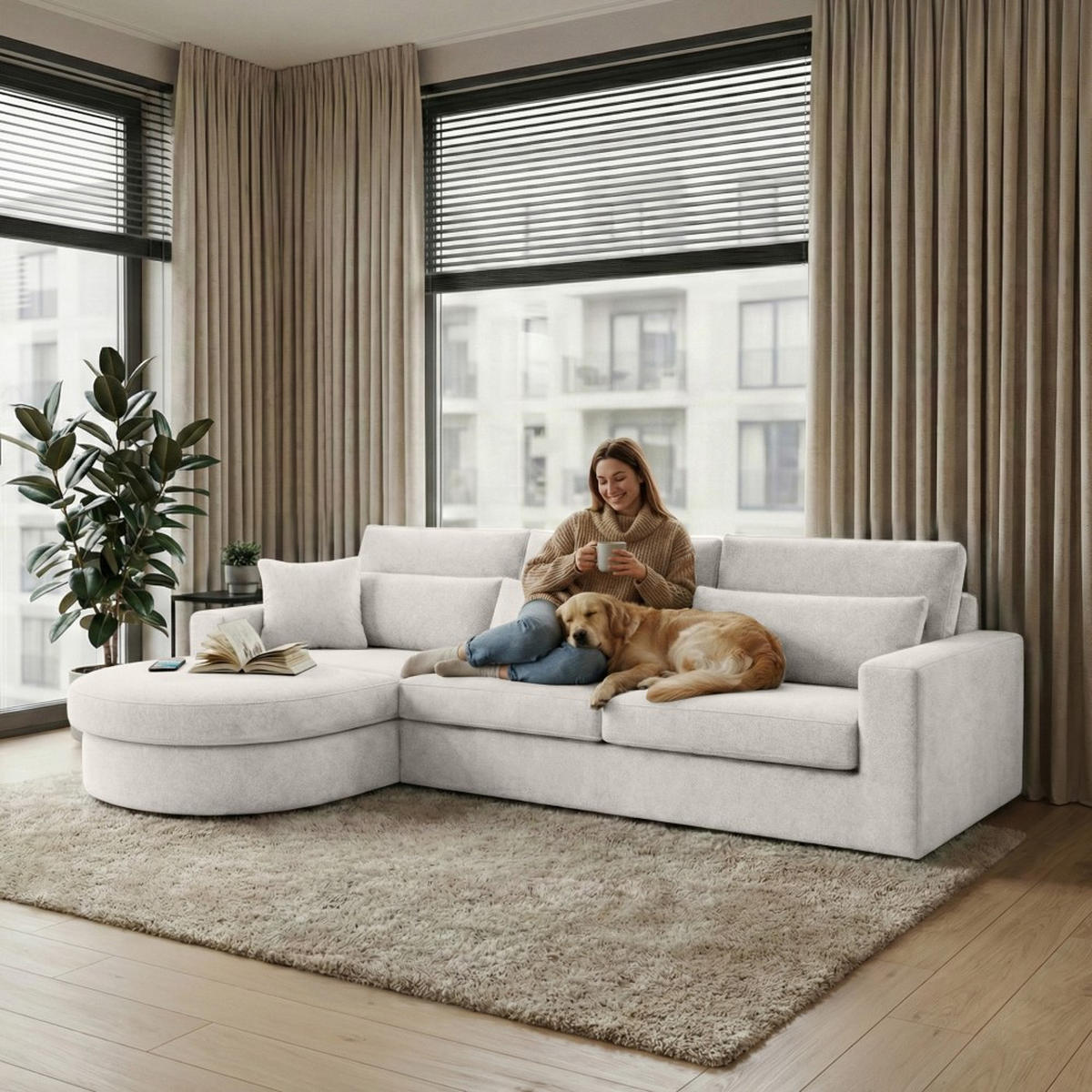 ECKSOFA Pablo ohne Schlaffunktion, mit abgerundeter Ottomane, links, Beige, Velourstoff - Weiß, Textil (319/196cm) - Beautysofa