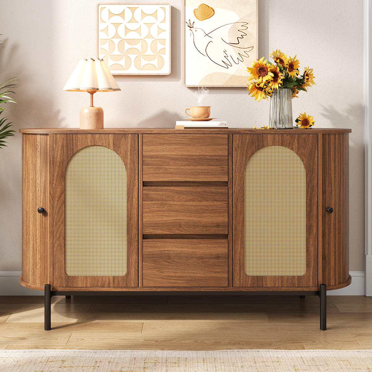 SIDEBOARD oval Rattan Holzoptik - Walnussfarben, Holzwerkstoff (140/77.5/38cm)